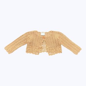 Gilet bébé au crochet type boléro manches longues orange pastel. Seconde main.