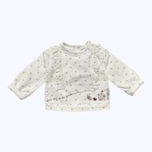 Gilet bébé crème manches longues volanté devant imprimé, revers poignets. Seconde main.