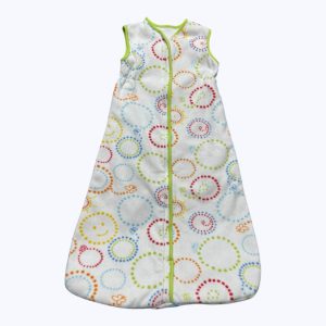 Gigoteuse bébé polaire blanc motifs multicolore, élastiquée au dos zip central devant. Seconde main.