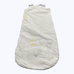 Gigoteuse bébé molleton blanche broderie velours devant patte de boutonnage épaule zip côté. Seconde main.