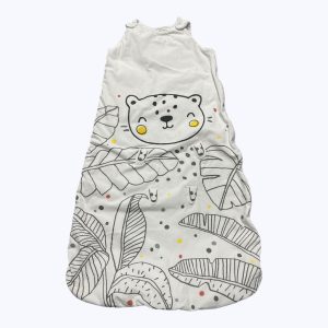 Gigoteuse bébé molleton blanche motif jungle noir et jaune, boutonnage épaules et zip côté. Seconde main.