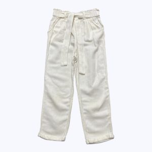 Pantalon enfant crème léger, élastiqué à la taille, doté de revers et d'une ceinture. Seconde main.