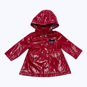 Veste 3/4 bébé manches longues en ciré rouge, entièrement doublé, capuche amovible. Seconde main.