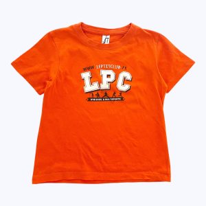 T-shirt enfant manches courtes orange sérigraphie LPC devant. Seconde main.