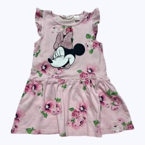 Robe enfant manche débardeur volantée en maille imprimée floral et sérigraphie Minnie. Seconde main.
