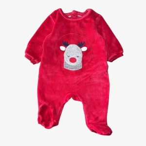 Pyjama bébé rouge en velours avec motif renne. Obaïbi, 1 mois d'occasion