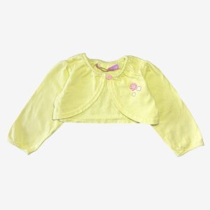 Boléro bébé jaune avec bouton rose et fleurs Gémo 6 mois, d'occasion