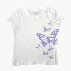 T-shirt enfant blanc avec imprimé papillons violets. La Halle, 6 ans d'occasion