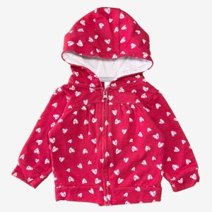 Veste bébé rouge à capuche avec motifs cœurs blancs 6 mois, d'occasion