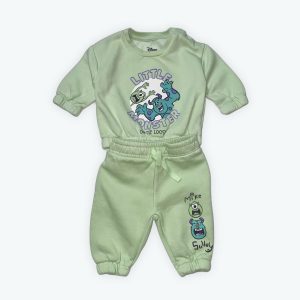 Ensemble jogging bébé manches longues molleton vert anis sérigraphie MONSTRE ET COMPANIE. Seconde main.