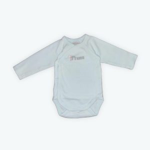 Body bébé manches longues cache cœur bleu ciel sérigraphie gris clair devant. Seconde main.