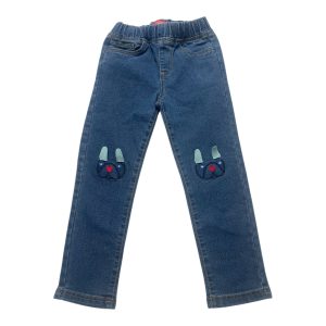 Pantalon jean enfant taille élastiquée broderie tête de chien aux genoux. Seconde main.