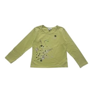T-shirt enfant manches longues vert anis imprimé libellules fleurs. Seconde main.