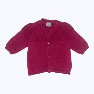 Gilet bébé manches longues fuchsia bande tricoté mousse pour un effet couleurs. Seconde main.
