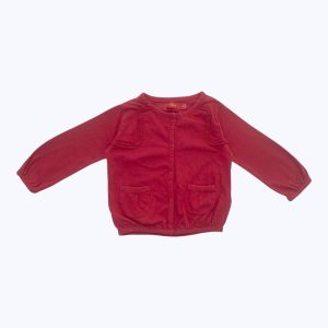 Gilet bébé maille manches longues corail, poches plaquées devant sérigraphie au dos. Seconde main.