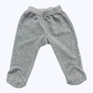 Pantalon pyjama bébé velours gris clair motifs étoiles blanches. Seconde main.