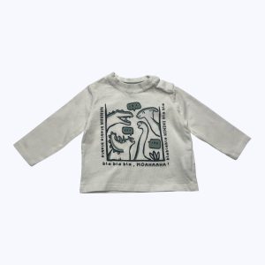 T-shirt bébé manches longues crème dessin dinosaures devant. Seconde main.