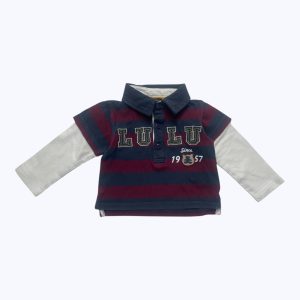 Polo bébé manches longues maille effet double rayé bordeaux bleu marine patte de boutonnage devant. Seconde main.