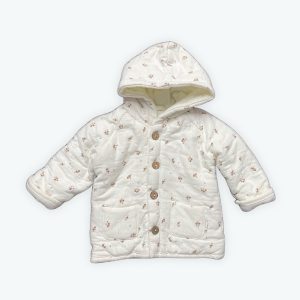 Veste capuche bébé manches longues molleton doublée crème petits motifs beiges. Seconde main.