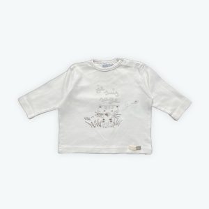 T-shirt bébé manches longues blanc dessin tigre ton clair devant patte de boutonnage épaule. Seconde main.