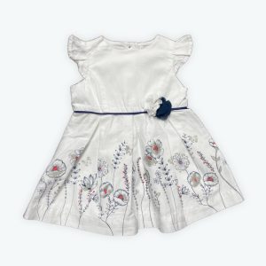 Robe bébé manches courtes volantées blanche imprimé floral au bas pinces à la taille. Seconde main.