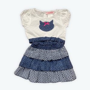 Ensemble bébé blanc bleu marine, jupe volantée à pois haut blanc broderie tête de chat bouton au dos. Seconde main.
