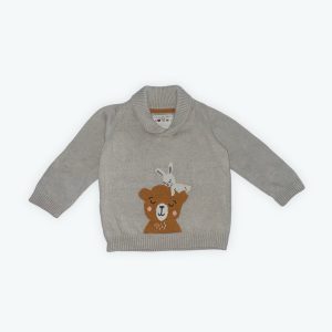 Pull bébé manches longues grège jacquard ourson moutarde et lapin crème col croisé. Seconde main.