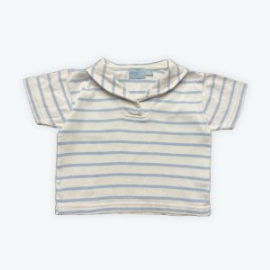 T-shirt bébé manches courtes marinière blanc bleu ciel col marin. Seconde main.