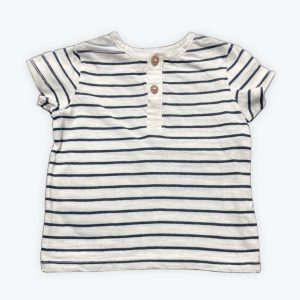 T-shirt bébé manches courtes rayé blanc bleu marine, patte de boutonnage devant. Seconde main.