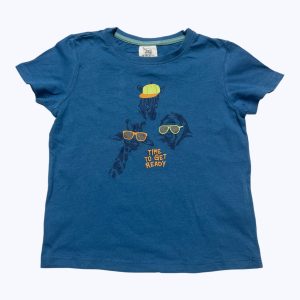 T-shirt enfant manches courtes bleu sérigraphie animaux à lunettes bleu foncé et fluo. Seconde main.