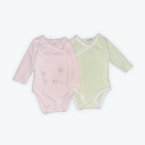 Lot de bodies bébé manches longues cache cœur, rose broderies fleurs fil doré et argenté et rayé blanc vert anis. Seconde main.