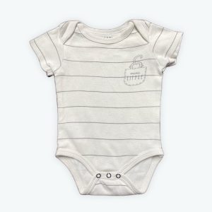 Body bébé manches courtes blanc rayé gris clair dessin poche et tête de singe devant. Seconde main.