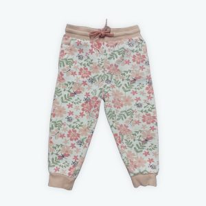 Jogging enfant molleton crème motifs floral vieux rose kaki, taille élastique. Seconde main.