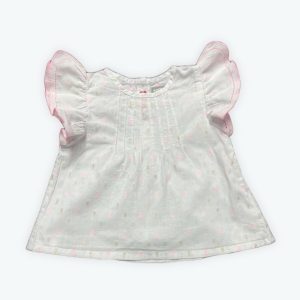 Tunique bébé manches courtes volantées blanche motifs multicolores pinces encolure patte de boutonnage dos. Seconde main.