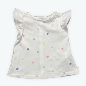 T-shirt bébé manches courtes volantées blanc avec des motifs fleurs rose gris clair jaune bleu. Seconde main.