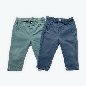 Lot pantalon coupe jean bleu sarcelle et bleu, élastique à la taille, revers au bas. Seconde main.