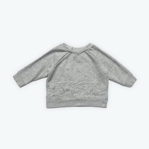 Sweat bébé molleton manches longues gris clair broderie ours au bas, patte de boutonnage au dos. Seconde main.