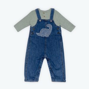 Ensemble bébé t-shirt bleu sarcelle patte de boutonnage devant et salopette jean broderie dinosaure devant. Seconde main.