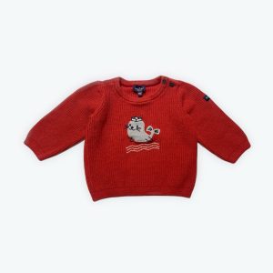 Pull bébé manches longues broderie phoque devant, patte boutonnage épaule. Seconde main.