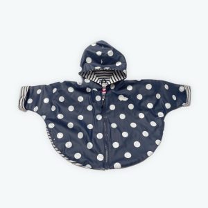 Veste cirée manches longues bleu marine à pois blanc doublée marinière zip central capuche. Seconde main.