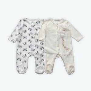 Lot dors bien velours manches longues crème dessin girafe beige, blanc motifs panda noir. Seconde main.