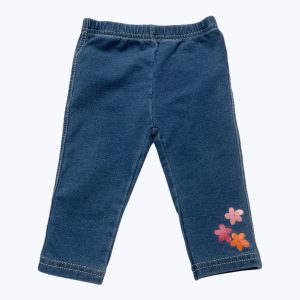 Legging bébé bleu jean sérigraphie fleurs rose orange et fuchsia. Seconde main.