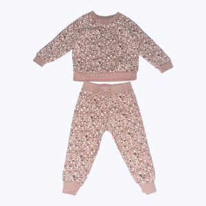 Ensemble jogging bébé vieux rose motifs petites fleurs crème et vert foncé. Seconde main.