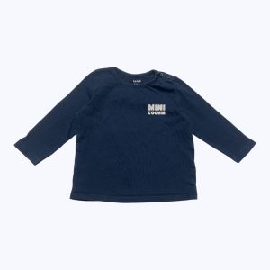 T-shirt bébé manches longues bleu marine imprimé message blanc devant patte de boutonnage à l'épaule. Seconde main.