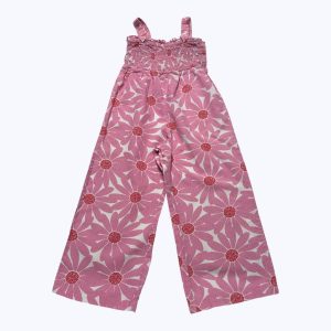 Combinaison pantalon enfant bretelles blanc fleurs rose corail, smocks poitrine. Seconde main.