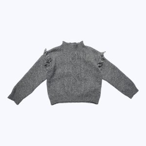 Pull enfant gris manches longues tricote pull irlandais avec des franges aux épaules. Seconde main.