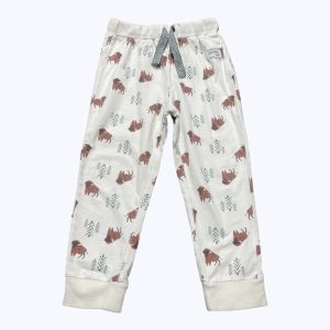 Pantalon enfant maille crème motifs buffles marrons taille élastique. Seconde main.