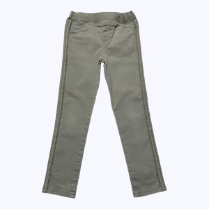 Pantalon enfant kaki clair biais tresse le long de la jambe, taille ajustable. Seconde main.