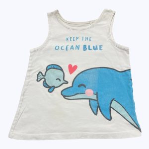 T-shirt débardeur enfant blanc dessin dauphin bleu. Seconde main.