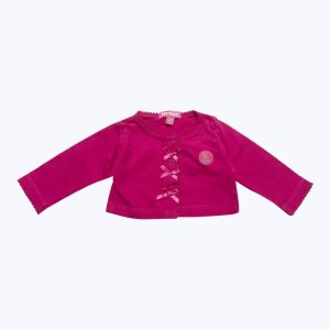 Gilet bébé manches longues rose fuchsia petits nœuds décoratifs. Seconde main.
